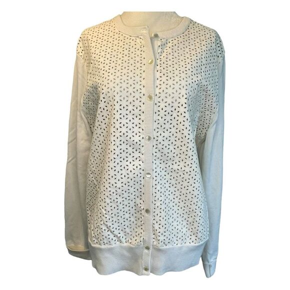 Ann Taylor Floral Laser‎ Cut Faux Leather Cardigan Sweater Ivory Knit XL - Picture 1 of 7